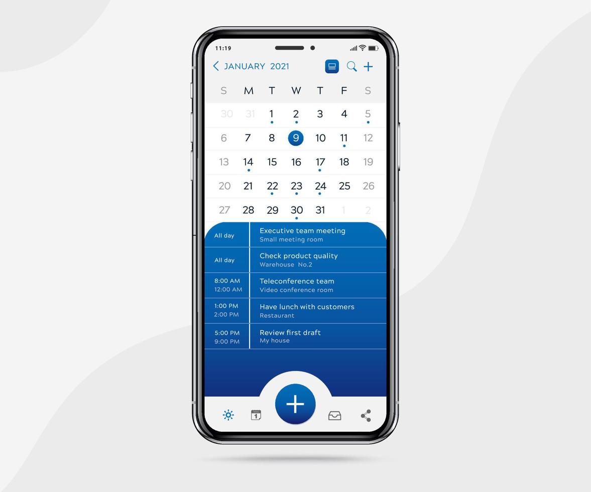 mobiel app kalender ontwerper concept, afspraak kalender sjabloon ui ux, smartphone kalender schema agenda jaar- planning vergadering sollicitatie, kalender evenementen, werkzaamheid, evenement app, vector telefoon