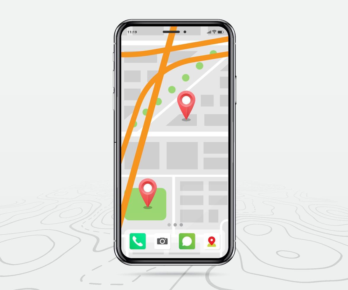 mobiel kaart GPS, smartphone kaart toepassing en rood nauwkeurig Aan scherm, app zoeken kaart navigatie, geïsoleerd Aan lijn kaarten achtergrond, vector illustratie voor grafisch ontwerp