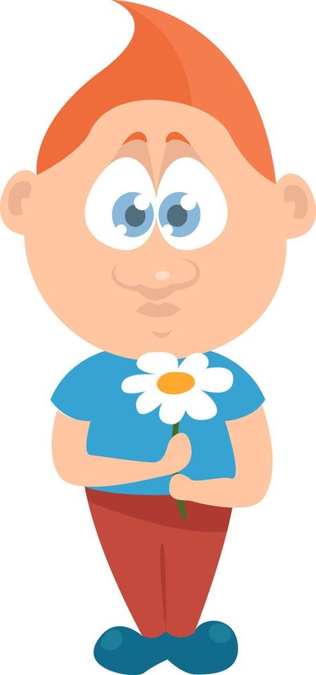 jongen met klein bloem , illustratie, vector Aan wit achtergrond