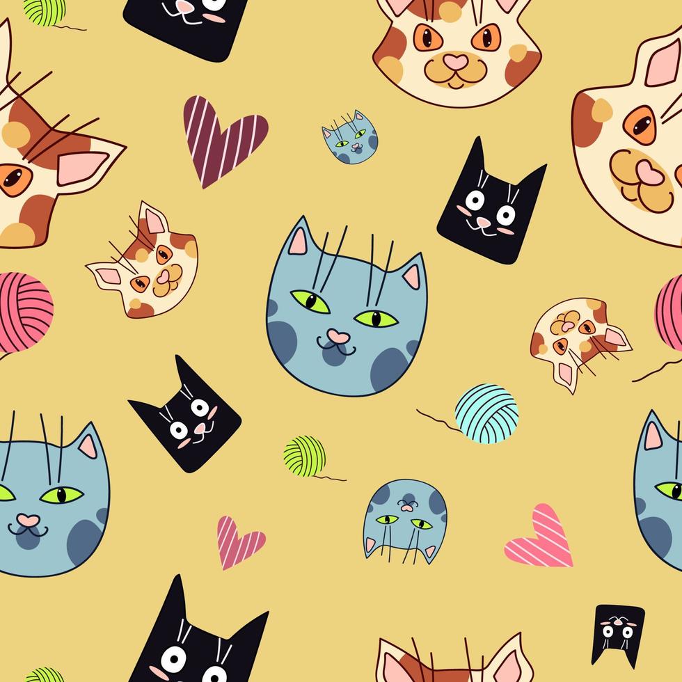 naadloos patroon met grappig katten. tekenfilm stijl. vector Aan een geel achtergrond.