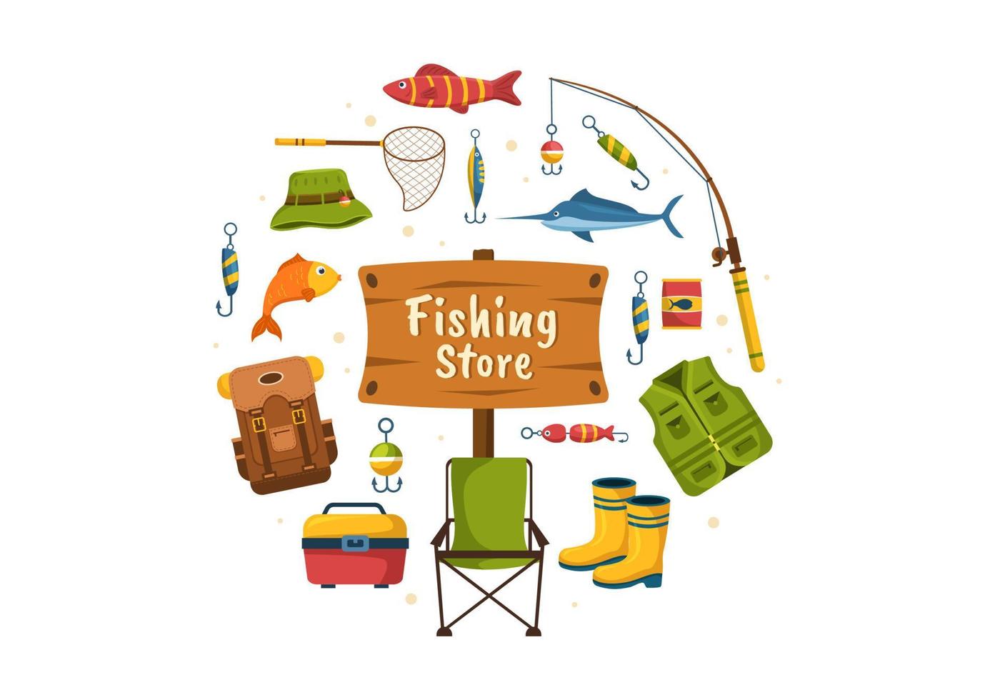 visvangst winkel verkoop divers visserij apparatuur, aas, vis vangen accessoires of items Aan vlak tekenfilm hand- getrokken Sjablonen illustratie vector