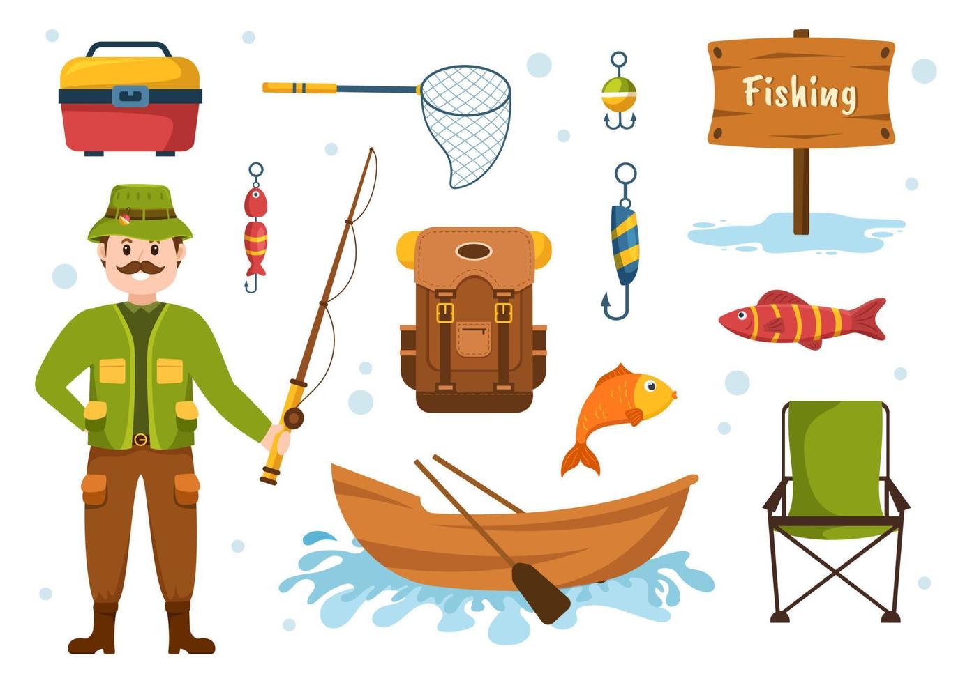 visvangst winkel verkoop divers visserij apparatuur, aas, vis vangen accessoires of items Aan vlak tekenfilm hand- getrokken Sjablonen illustratie vector