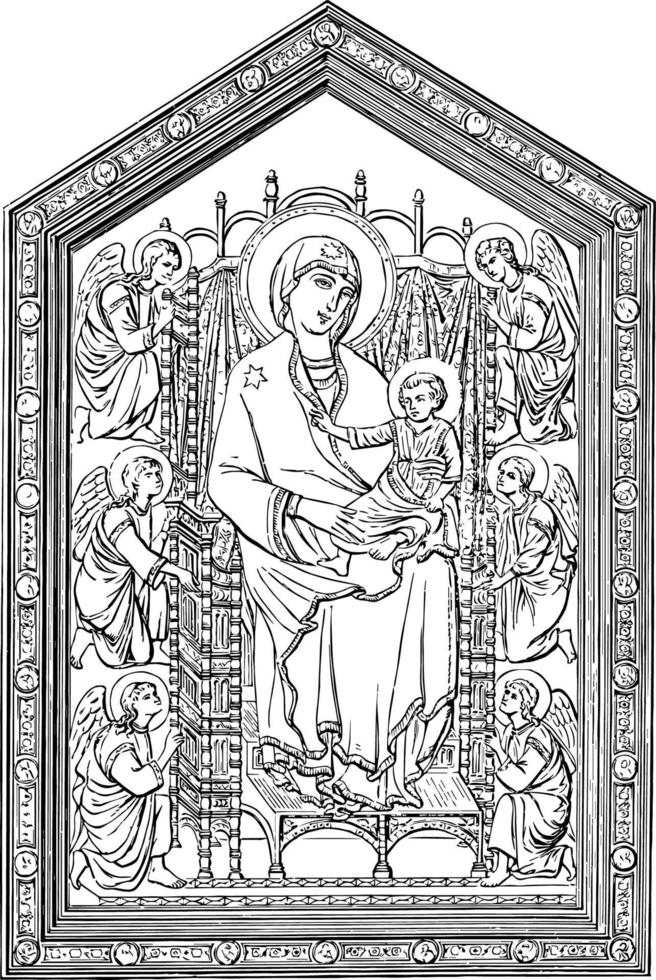 Madonna van de kerk van de kerstman Maria novelle wijnoogst gravure. vector