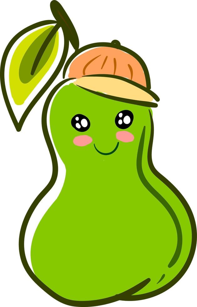 een gelukkig groen Peer met hoed, vector of kleur illustratie.
