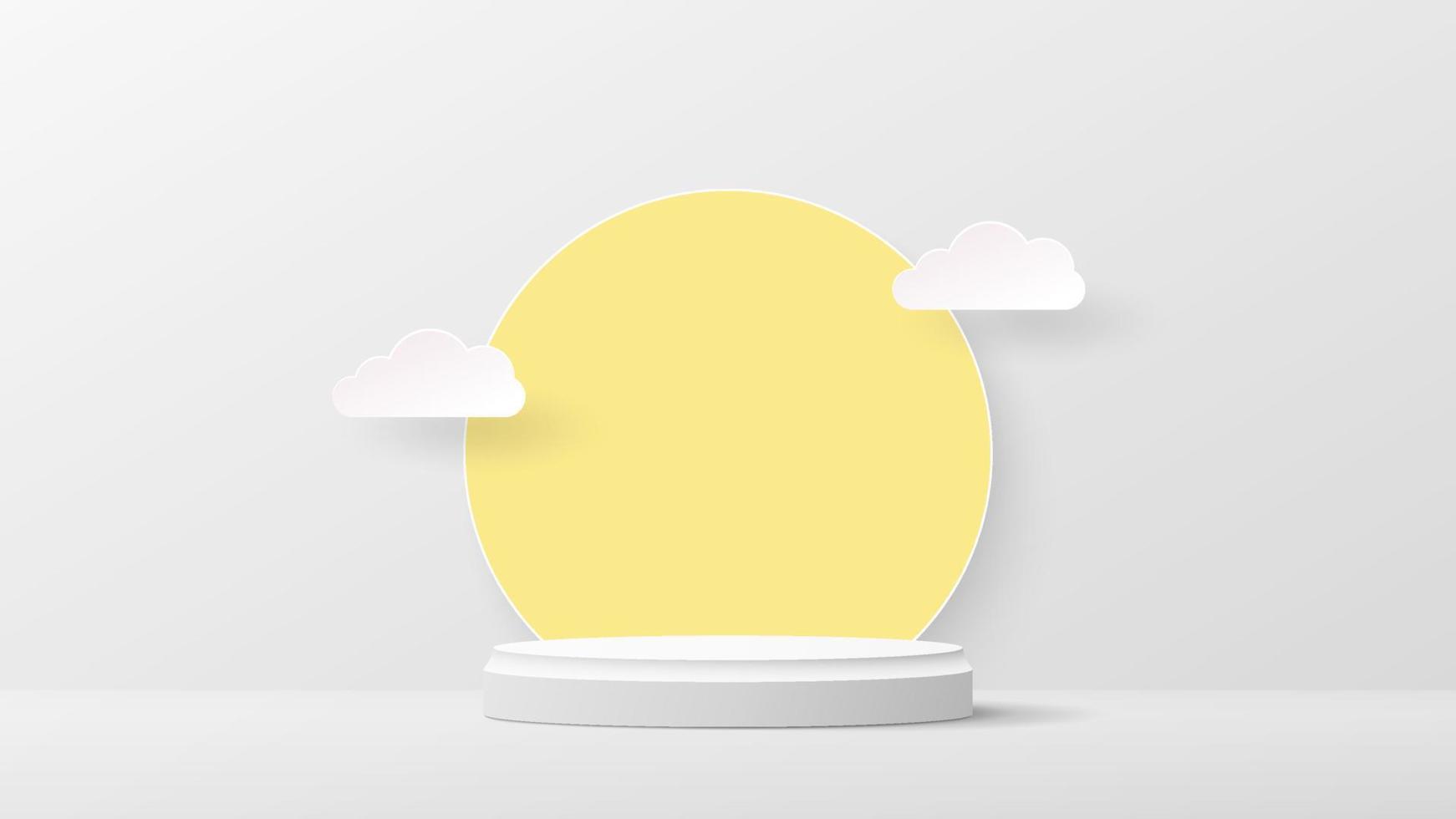 wit 3d podium met wolken en geel cirkel ontwerp. abstract stadium vitrine. vector illustratie. eps10