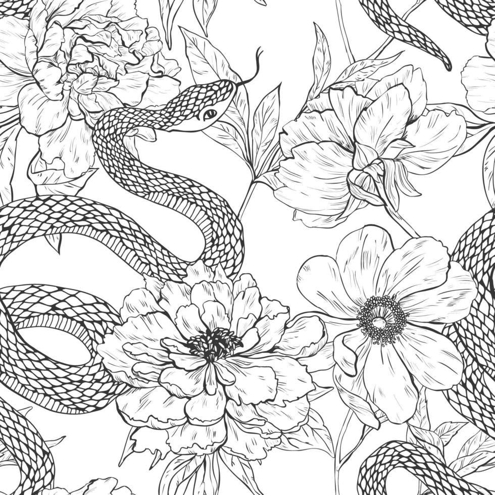 slangen en bloemen naadloos patroon. vector