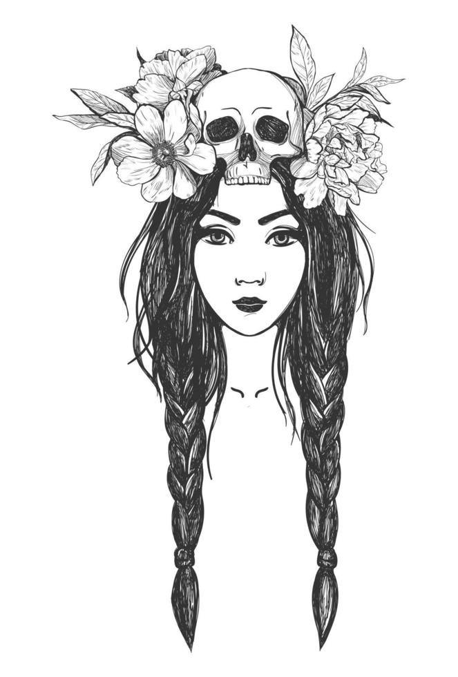 vrouw met schedel, bloemen. tatoeëren kunst. vector