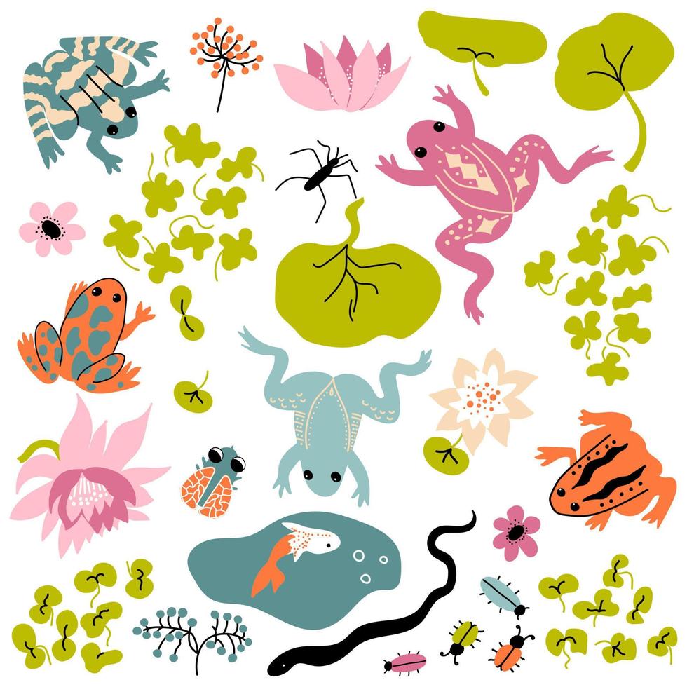 kikker set. vector bundel met slang, water striders, vlieg, kevers, bladeren, bloemen, lotus, water lelies, golven. perfect voor kaarten, omhulsel papier, het drukken Aan de kleding stof, ontwerp pakket en Hoes