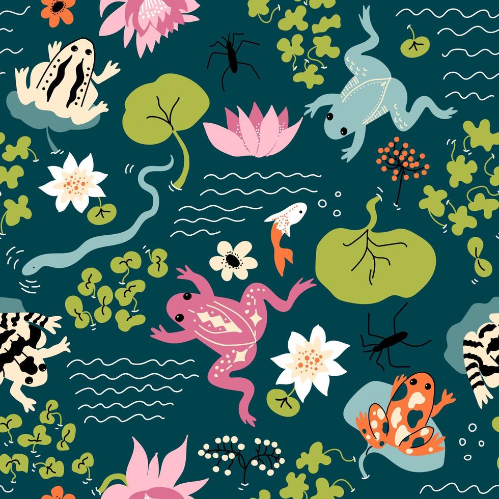 kikker patroon. vector achtergrond met slang, water striders, bladeren, bloemen, lotus, water lelies, golven. perfect voor kaarten, omhulsel papier, het drukken Aan de kleding stof, ontwerp pakket en Hoes