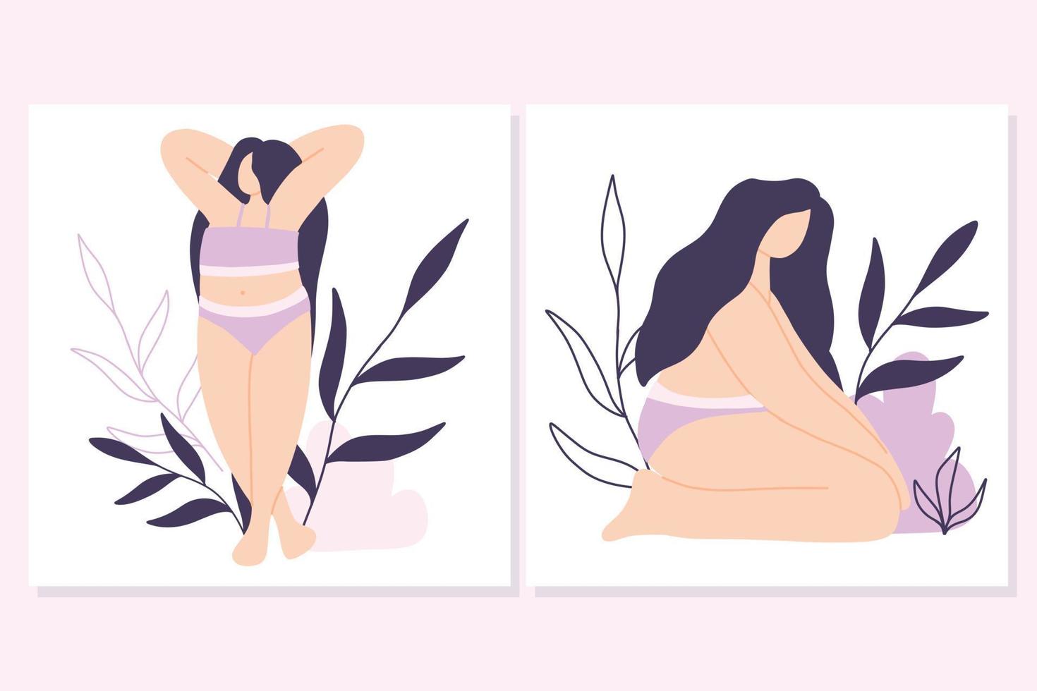 reeks van bodypositive posters met een meisje. verzameling van ansichtkaarten met een meisje in lingerie. vlak stijl. vector illustratie.