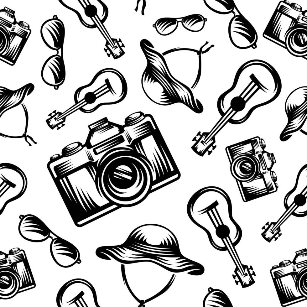 patroon naadloos van camera, bril, gitaar, hoed in stijl vintage, retro, gegraveerd. - vector illustraties