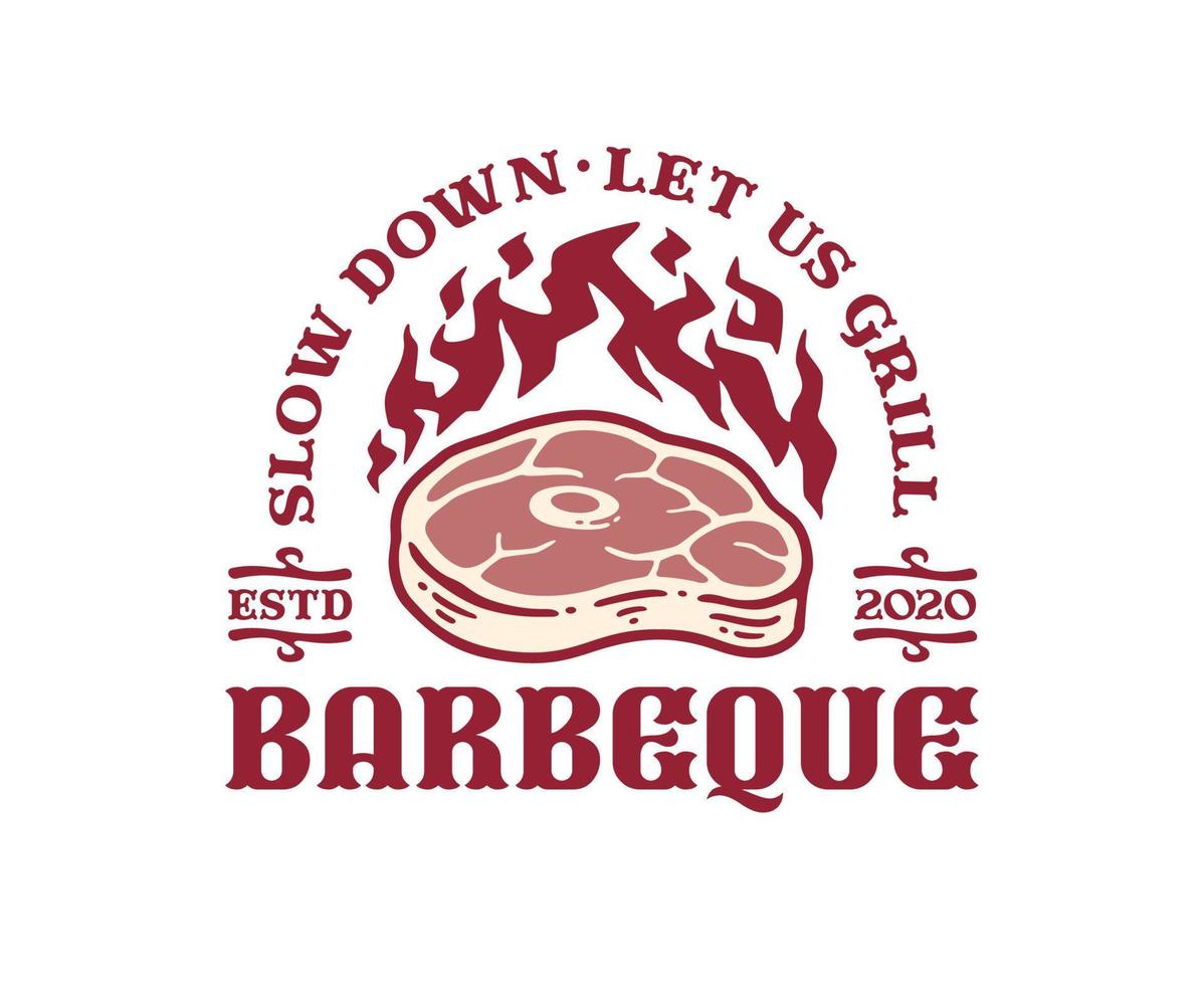 logo insigne van barbecue steak rooster met brand in wijnoogst vector