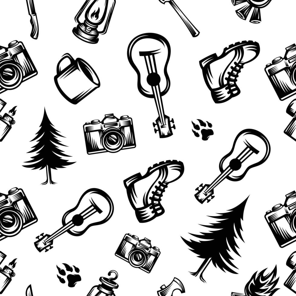 patroon naadloos van camera, gitaar, dennen boom, mok, schoenen hiking, voetafdruk luipaard in stijl vintage, retro, gegraveerd. - vector illustraties