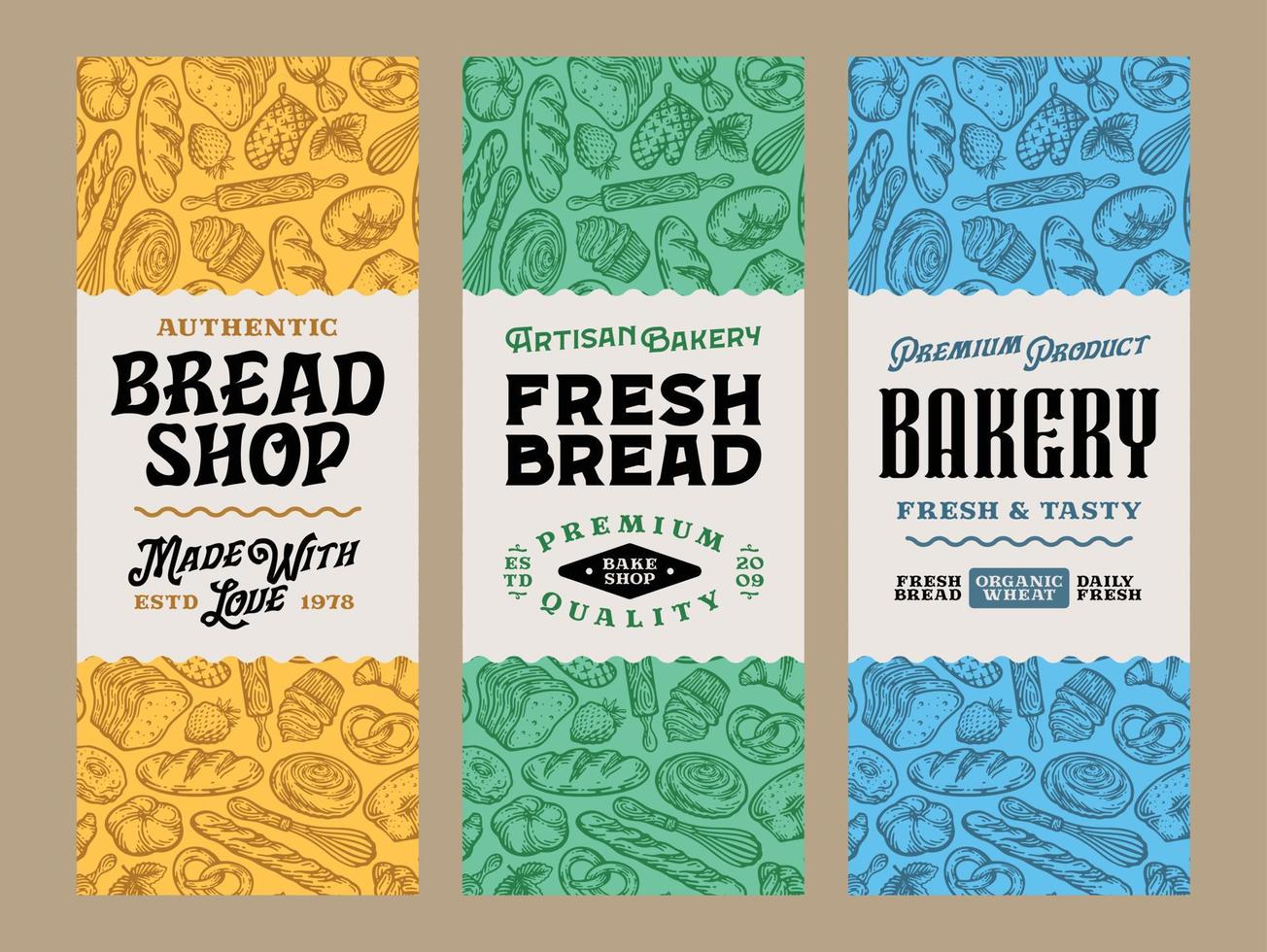 brood etiketten in modern stijl. brood en verpakking ontwerp Sjablonen voor gebakken goederen, bakkerij branding en identiteit. vector bakkerij illustraties en patronen