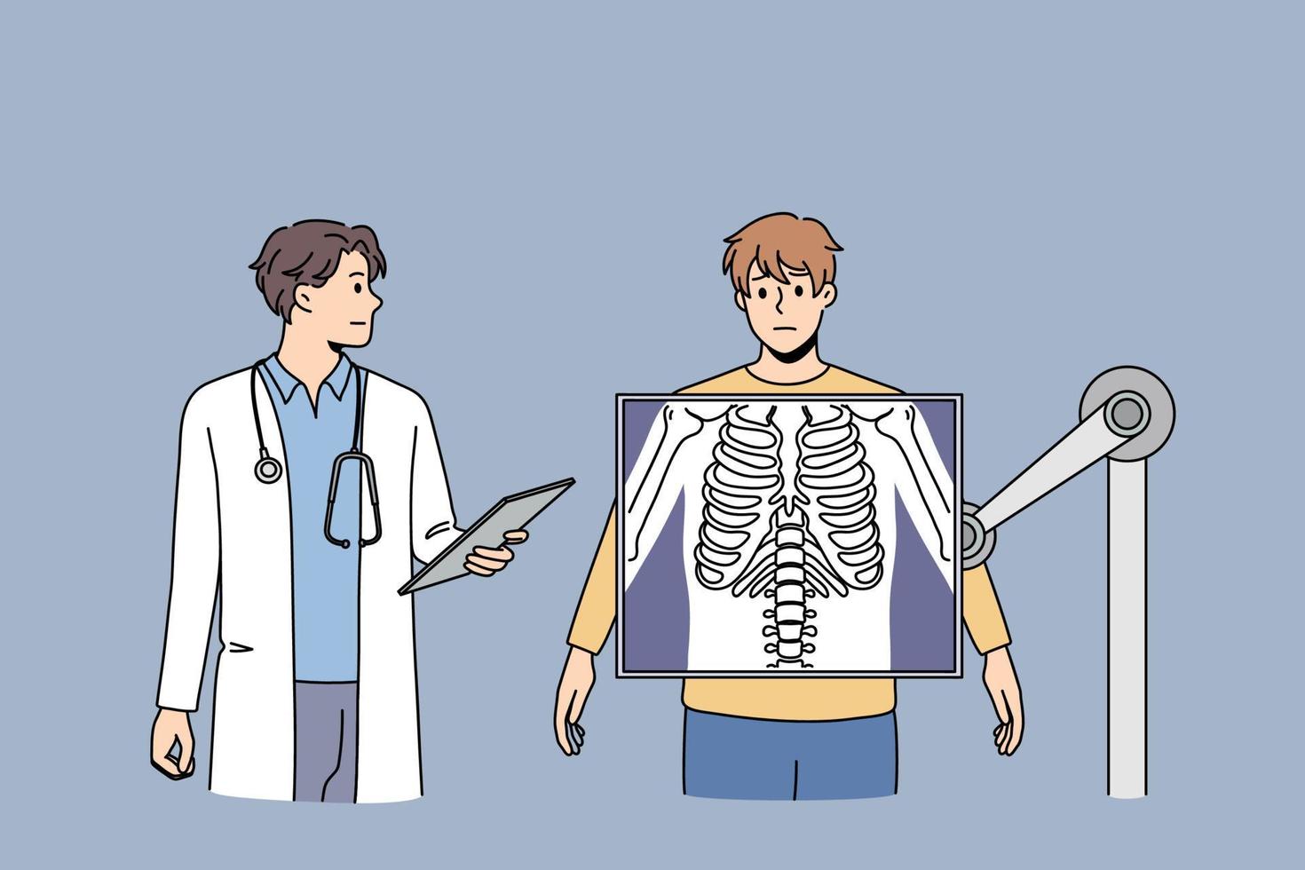 dokter onderzoeken ongezond mannetje geduldig staand Aan x-ray machine testen lichaam. Mens krijgen organisme gecontroleerd Aan X straal in kliniek of ziekenhuis. geneesmiddel, gezondheidszorg concept. vlak vector illustratie.