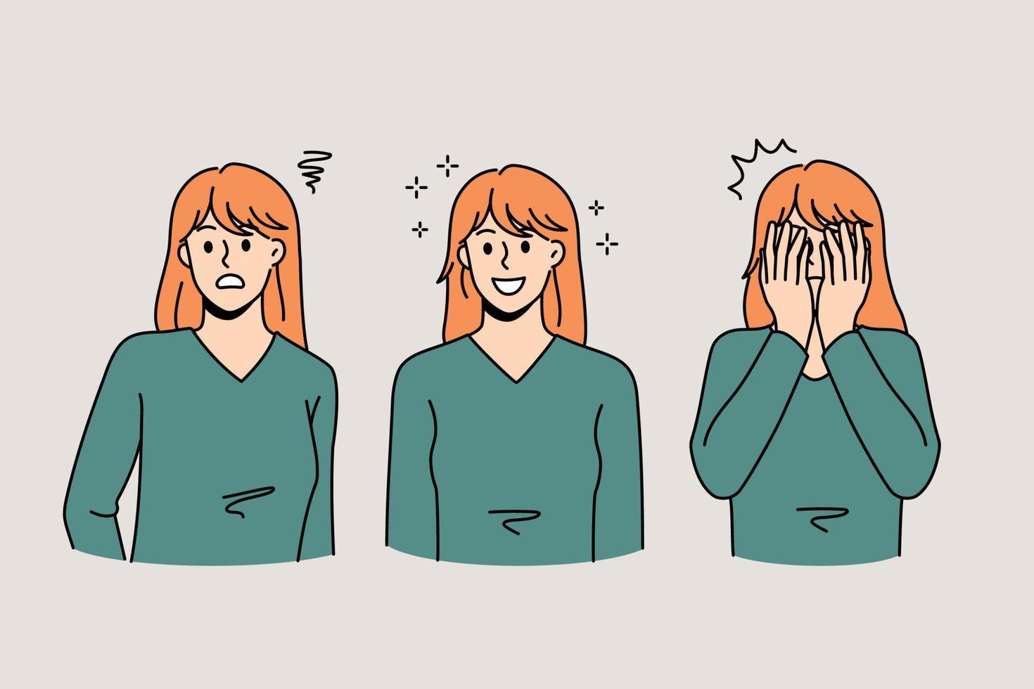 jong Kaukasisch vrouw tonen verschillend emoties, frustratie, geluk en angst. millennial meisje demonstreren divers gezicht uitdrukkingen, voelen emotioneel. vector illustratie, tekenfilm karakter.