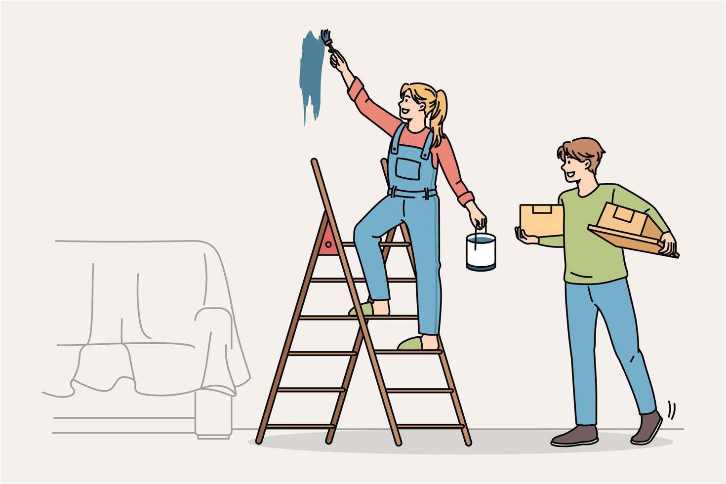 gelukkig paar Doen huis vernieuwing of decoratie samen. glimlachen Mens en vrouw verf muren versieren reparatie huis of appartement. interieur ontwerp concept. vector illustratie, tekenfilm karakter.