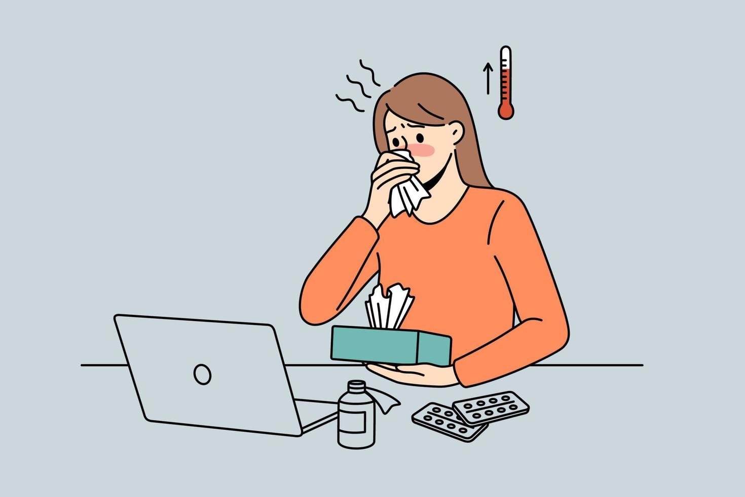 gevoel koorts en ziek concept. jong vrouw arbeider tekenfilm karakter zittend in kantoor Bij laptop hebben hoog temperatuur en ziek vector illustratie