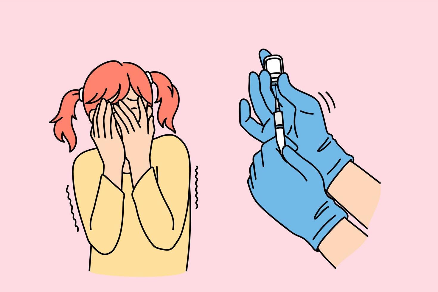 bang weinig meisje kind Hoes gezicht bang van injectie in ziekenhuis. benadrukt klein kind voelen angst voor vaccinatie, hebben fobie voor naalden. gezondheidszorg, kinderopvang en geneesmiddel. vector illustratie.