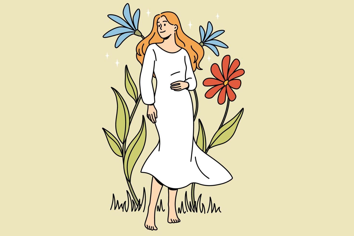 natuurlijk schoonheid en natuur concept. jong glimlachen blond vrouw in wit jurk blootsvoets staand tussen bloeiend kleurrijk bloemen vector illustratie