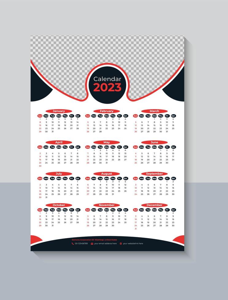 creatief een bladzijde muur kalender 2023 ontwerp, bedrijf kalender 2023, modern 12 maand een bladzijde kalender sjabloon, pro vector