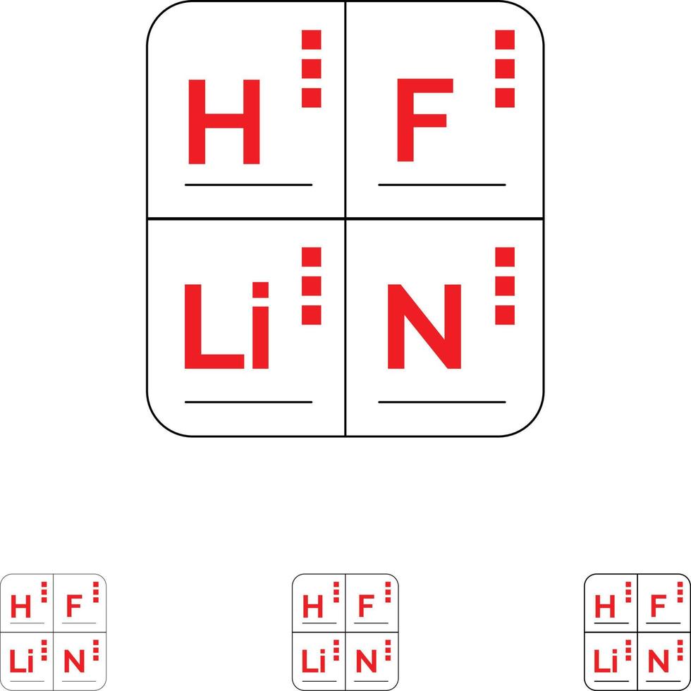 periodiek tafel elementen medisch stoutmoedig en dun zwart lijn icoon reeks vector