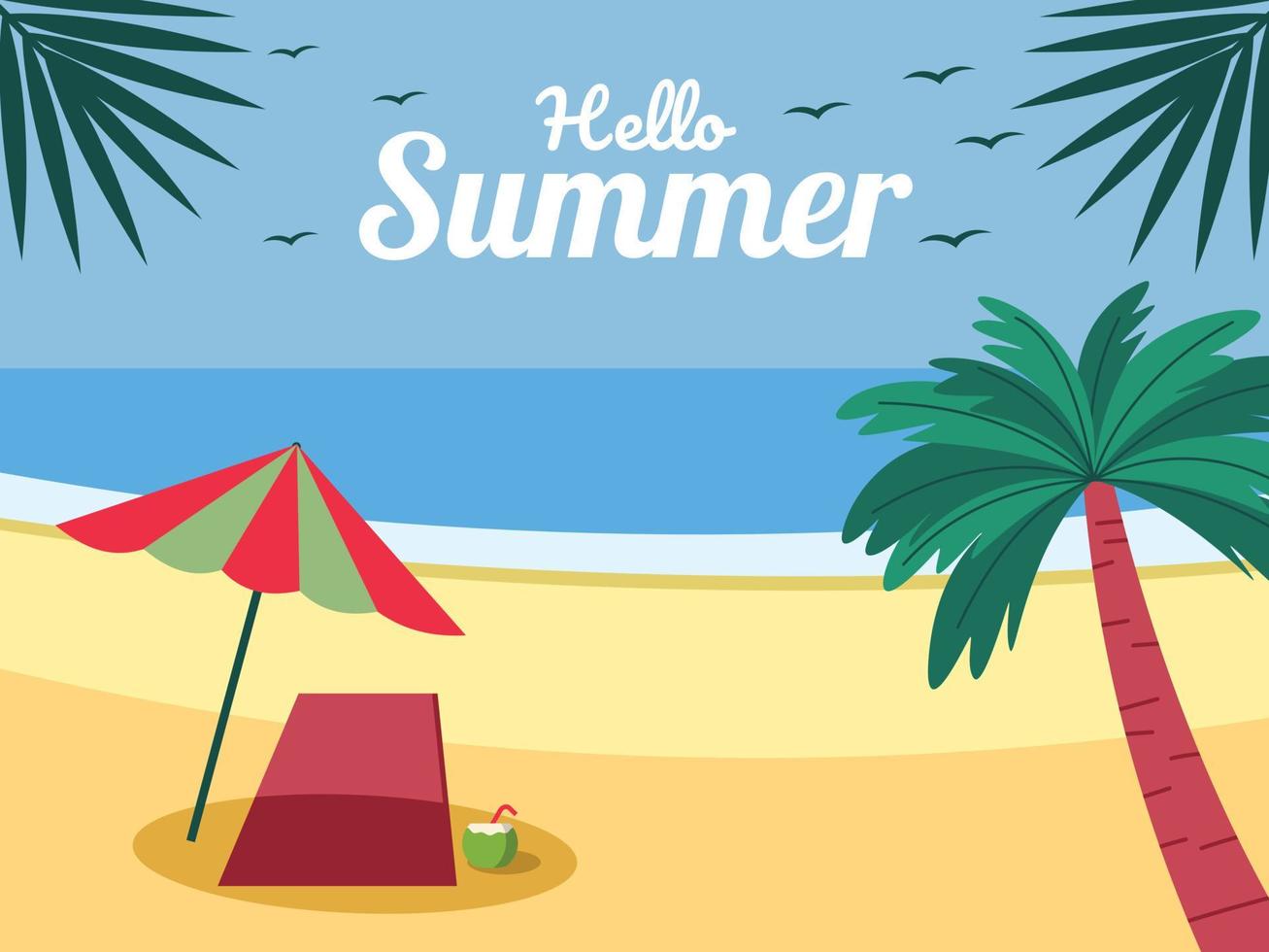 illustratie van zomertijd achtergrond met strand paraplu en palmen vlak ontwerp vector illustratie