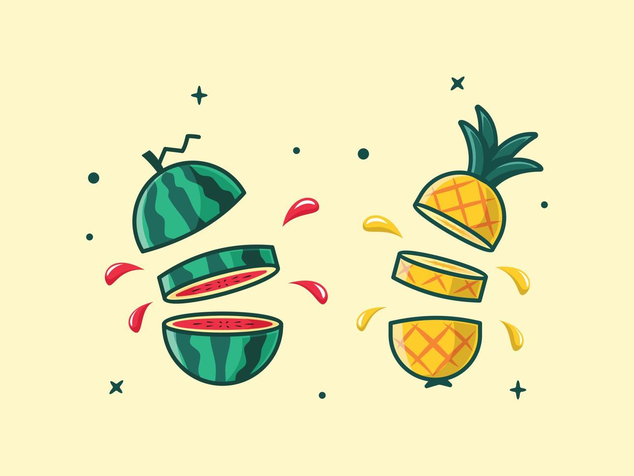 illustratie van vers watermeloen en ananas spleet en spuiten vector illustratie.