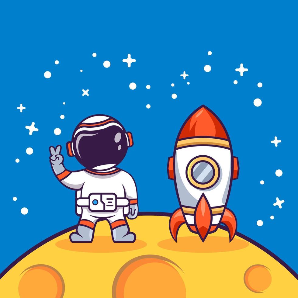 schattig tekenfilm astronaut Aan de maan met raket vector illustratie