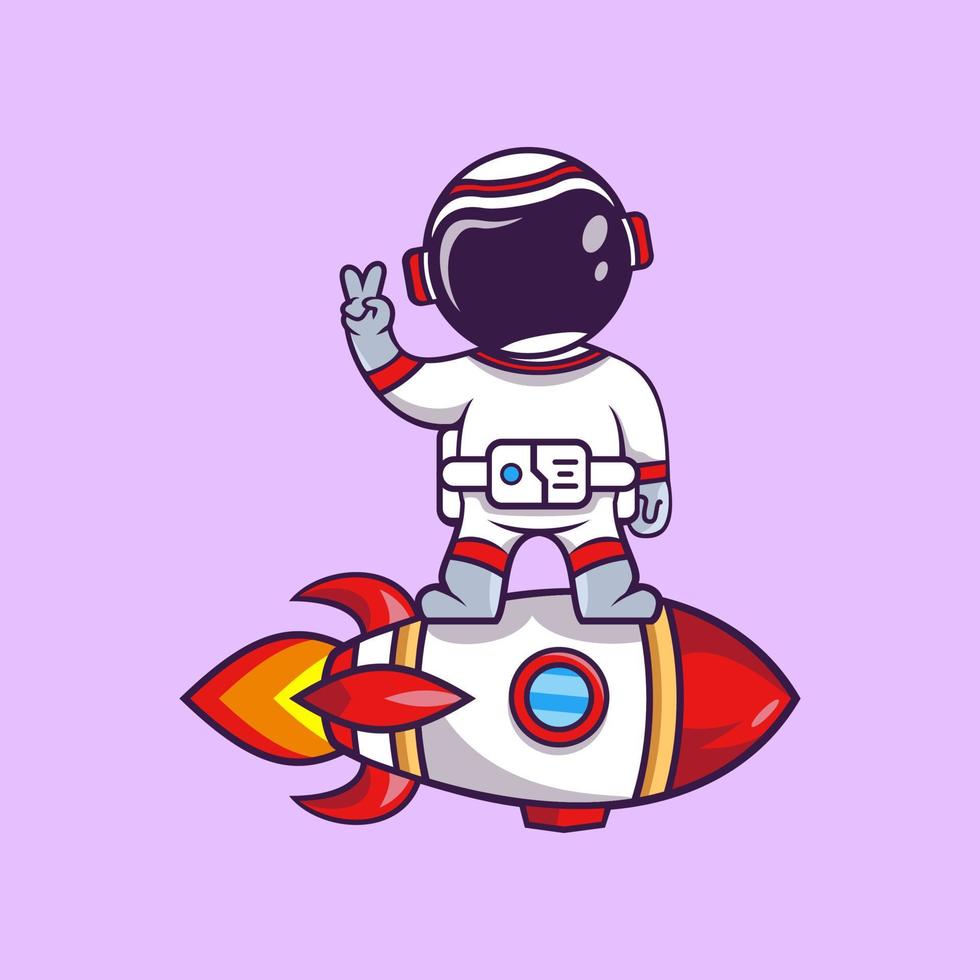 schattig tekenfilm astronaut Aan de maan met raket vector illustratie