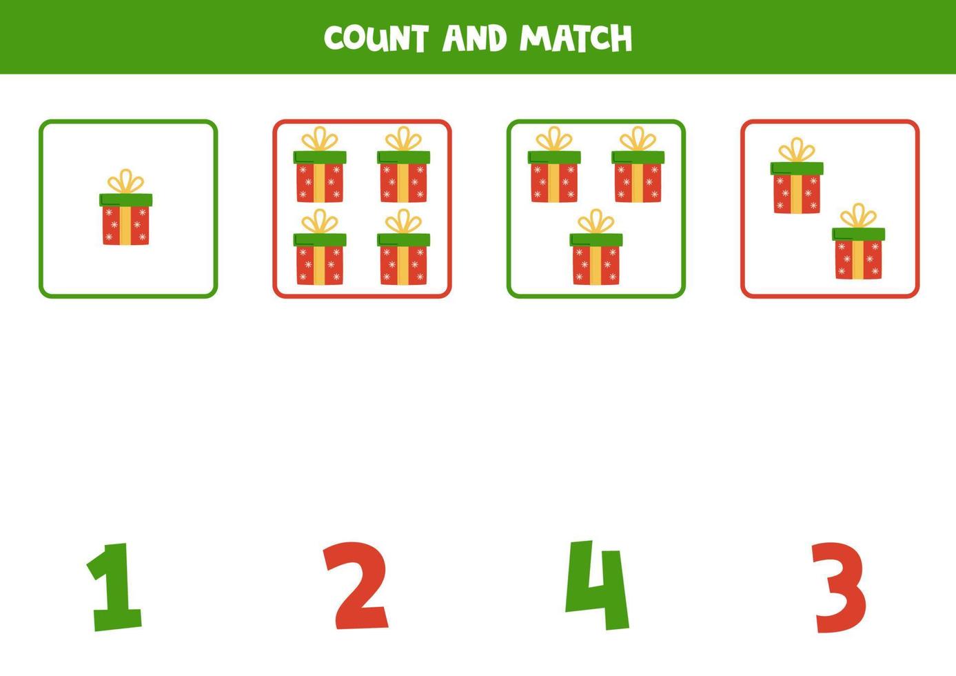 tellen spel voor kinderen. tellen allemaal Kerstmis presenteert en bij elkaar passen met nummers. werkblad voor kinderen. vector