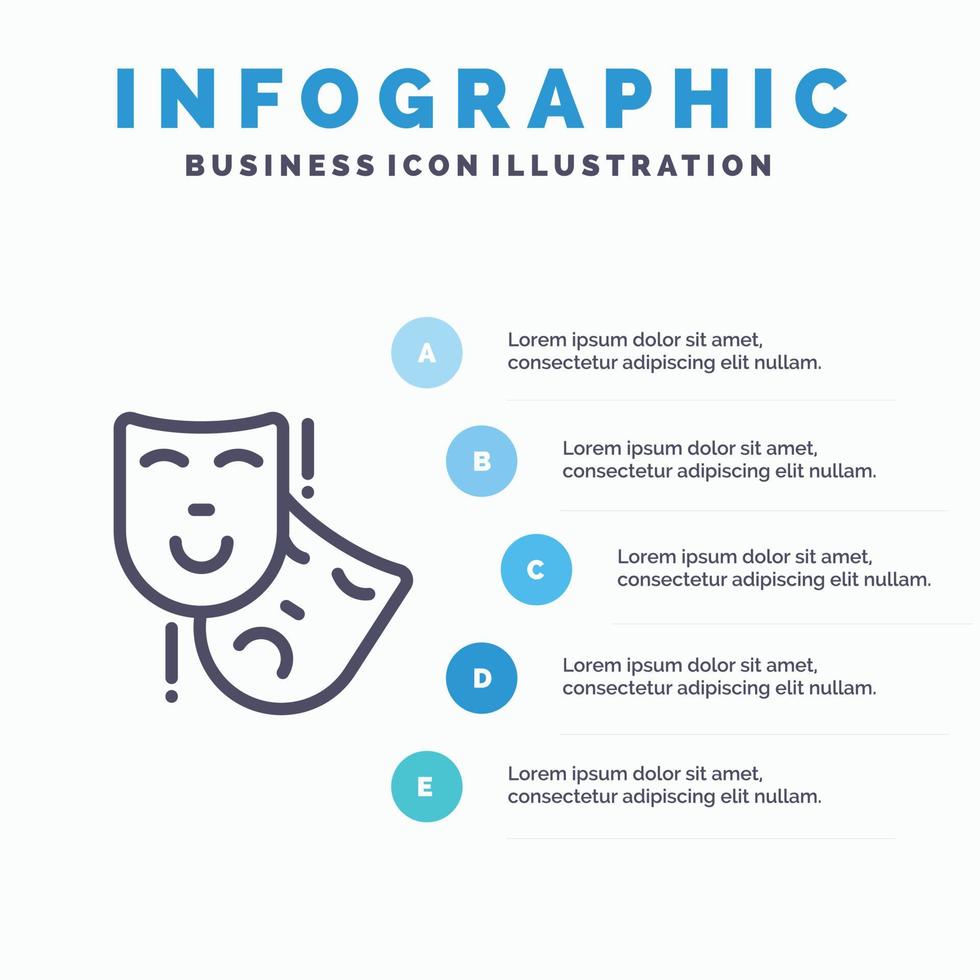 acteren maskers persona theater lijn icoon met 5 stappen presentatie infographics achtergrond vector