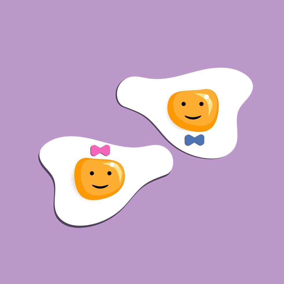 grappig schattig gebakken eieren emoticon gezicht icoon Leuk vinden een jongen en meisje met een boog stropdas en boog geïsoleerd Aan de Purper achtergrond. papier uitknippen vector illustratie