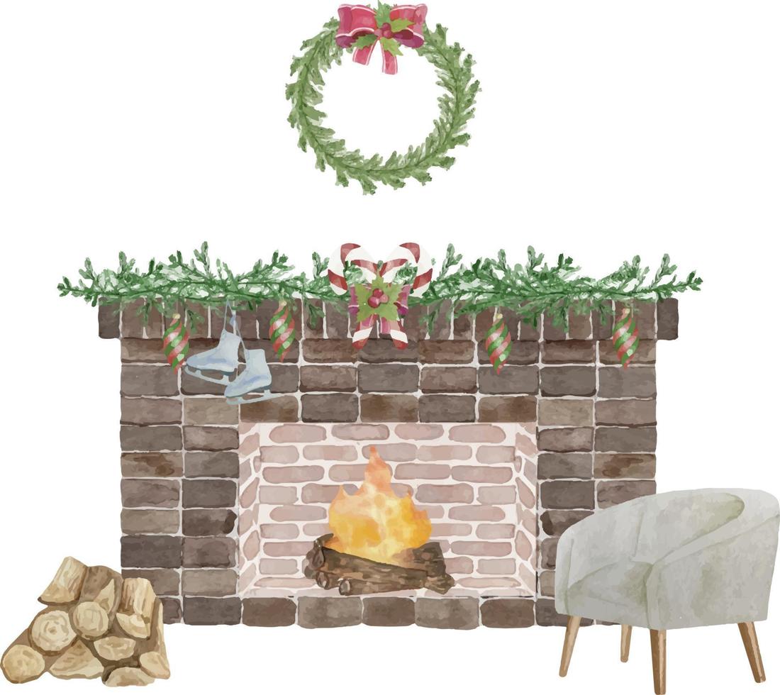 waterverf illustratie van rood steen klassiek haard met sokken, decor, Kerstmis boom, kaars, ballen geschenken, lauwerkrans. gelukkig nieuw jaar decoratie. vrolijk Kerstmis vakantie. vector