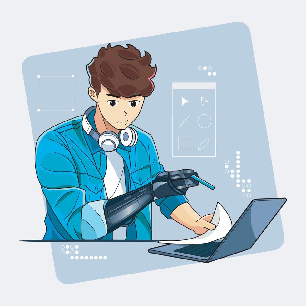 ultramodern concept. zelfverzekerd jong jongen op zoek Bij iets Aan zijn laptop door bionisch prothetisch arm vector illustratie vrij downloaden