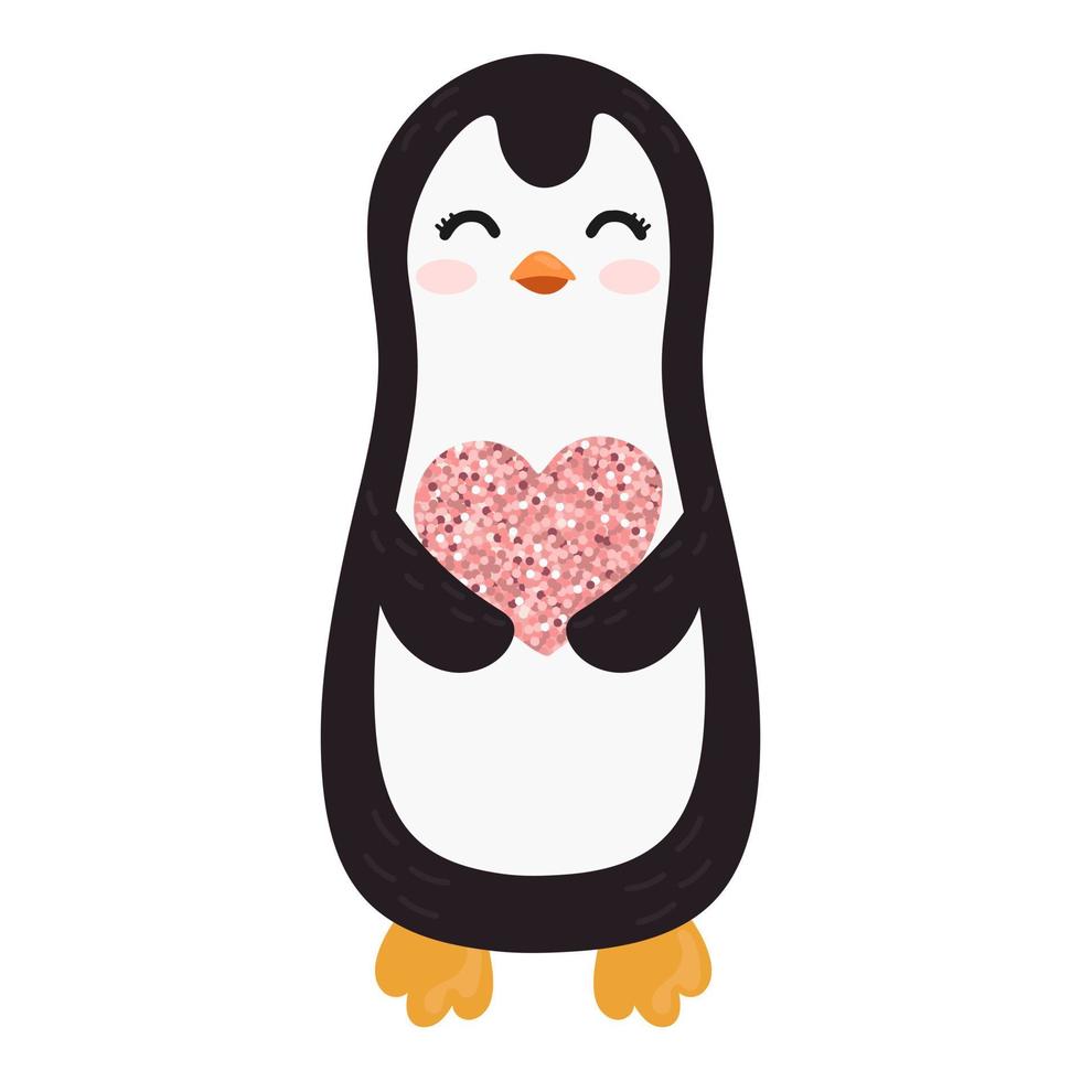 vector illustratie met pinguïn Holding hart met van realistisch roze schitteren stof. gelukkig Valentijnsdag dag.