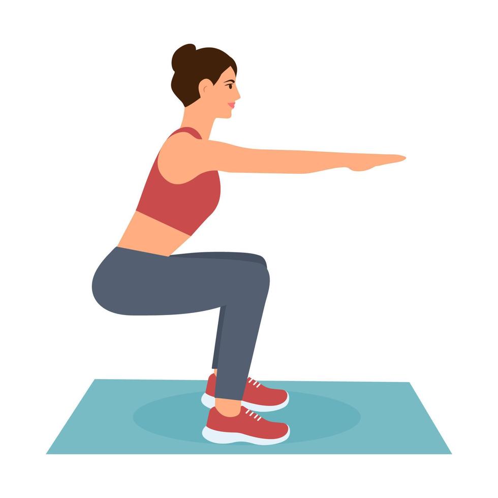 vrouw aan het doen sport oefening. fysiek opleiding Rechtsaf squats.correct houding.vector illustratie geïsoleerd vector