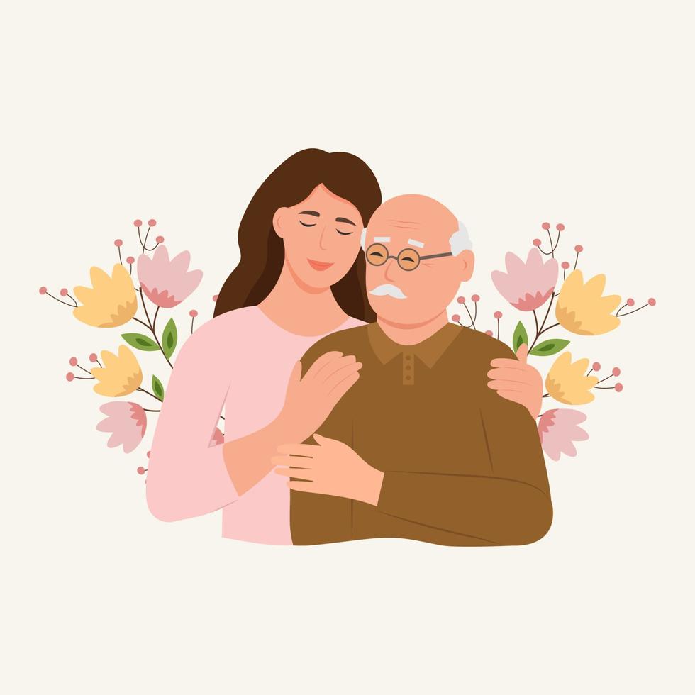 gelukkig jong vrouw knuffelen haar oud vader met liefde. vader en dochter. vader dag .portret van jong vrouw knuffelen haar opa. vriendelijk familie relatie. vector vlak illustratie