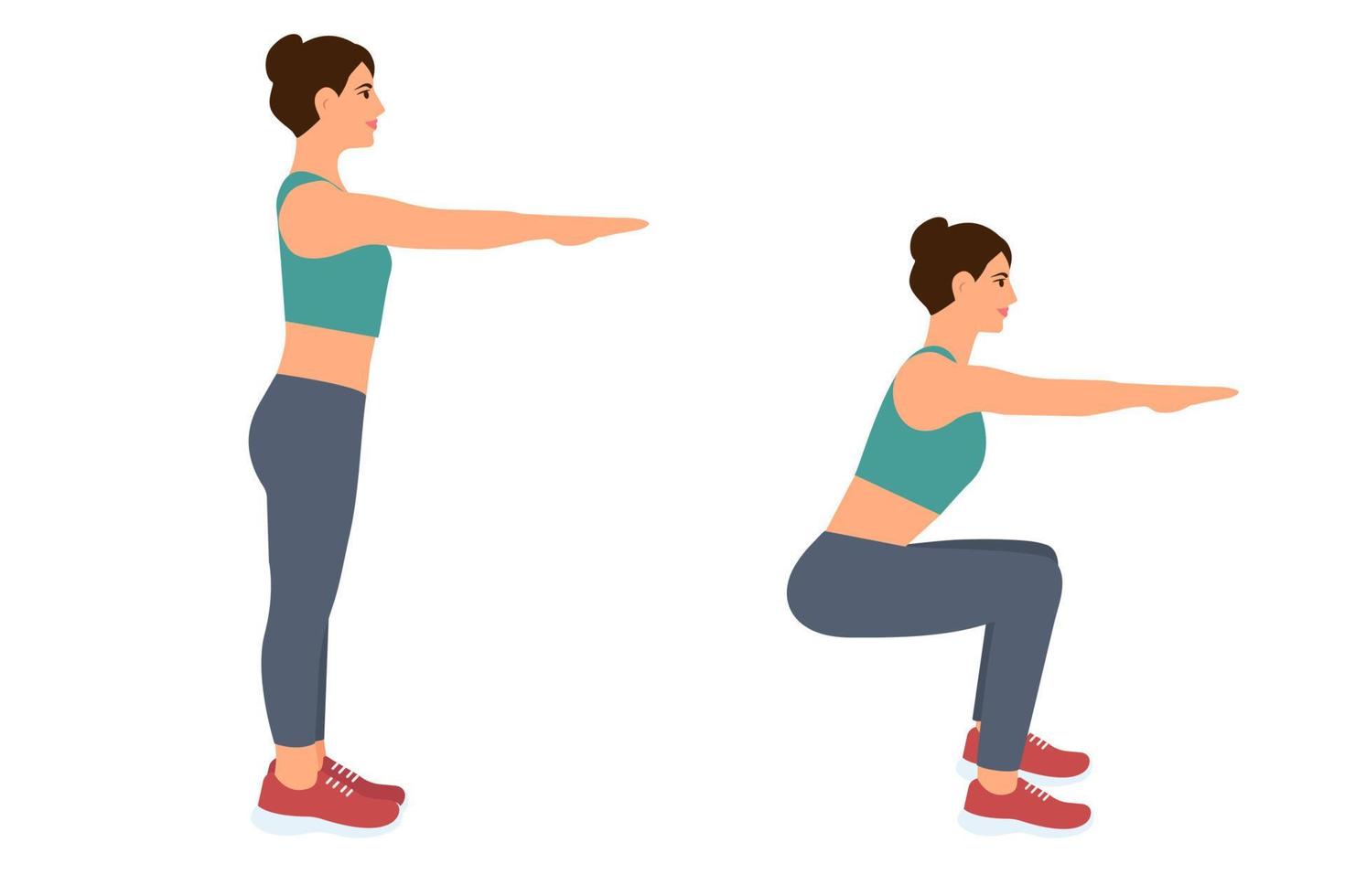 vrouw aan het doen sport oefening. fysiek opleiding Rechtsaf squats.correct houding.vector illustratie geïsoleerd vector