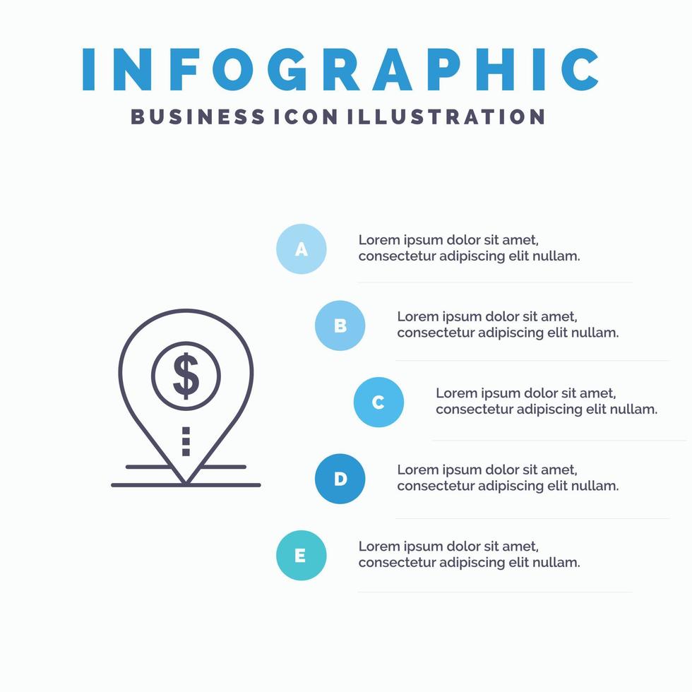 dollar pin kaart plaats bank bedrijf lijn icoon met 5 stappen presentatie infographics achtergrond vector