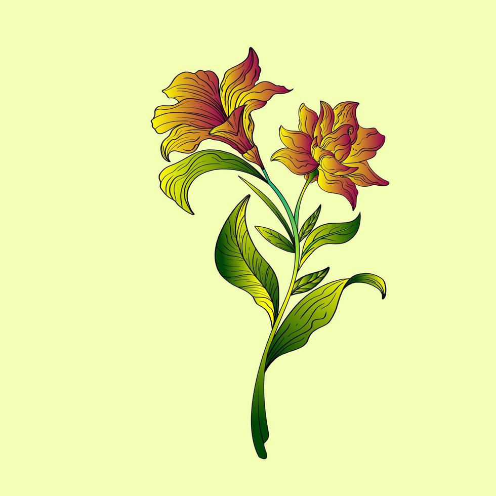 geel lelie vlak vector. lelie Afdeling en bladeren bloemen ansichtkaart. bruiloft elementen geïsoleerd achtergrond tekenfilm illustratie. vector