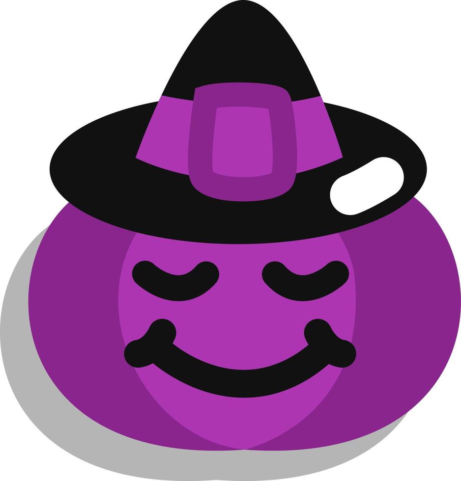 Purper pompoen met heks hoed, illustratie, vector Aan een wit achtergrond.