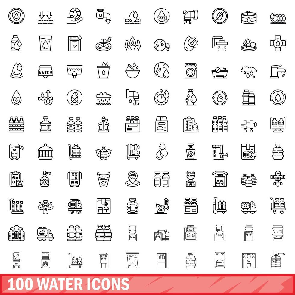 100 water iconen set, Kaderstijl vector