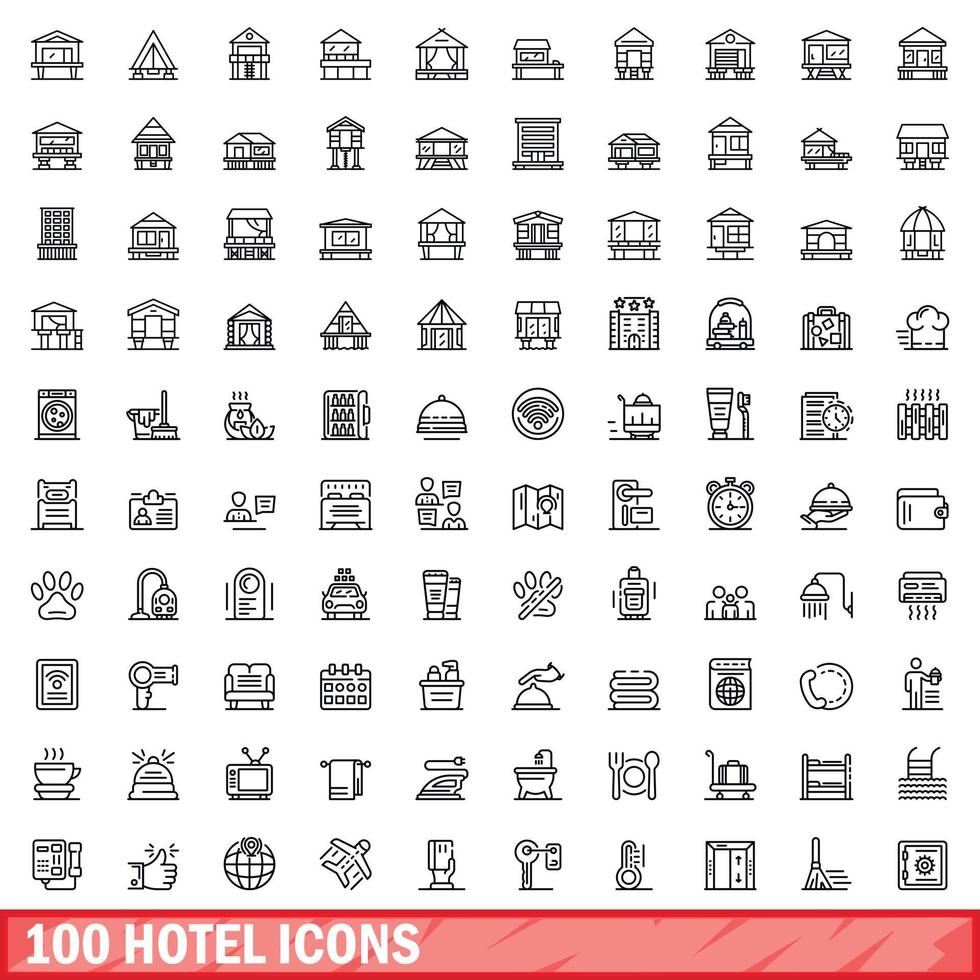 100 hotel iconen set, Kaderstijl vector