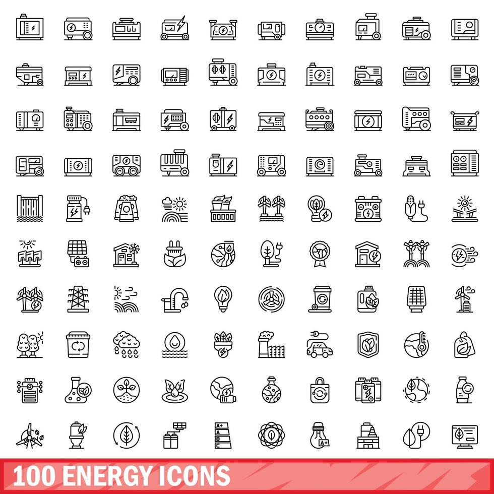 100 energie iconen set, Kaderstijl vector