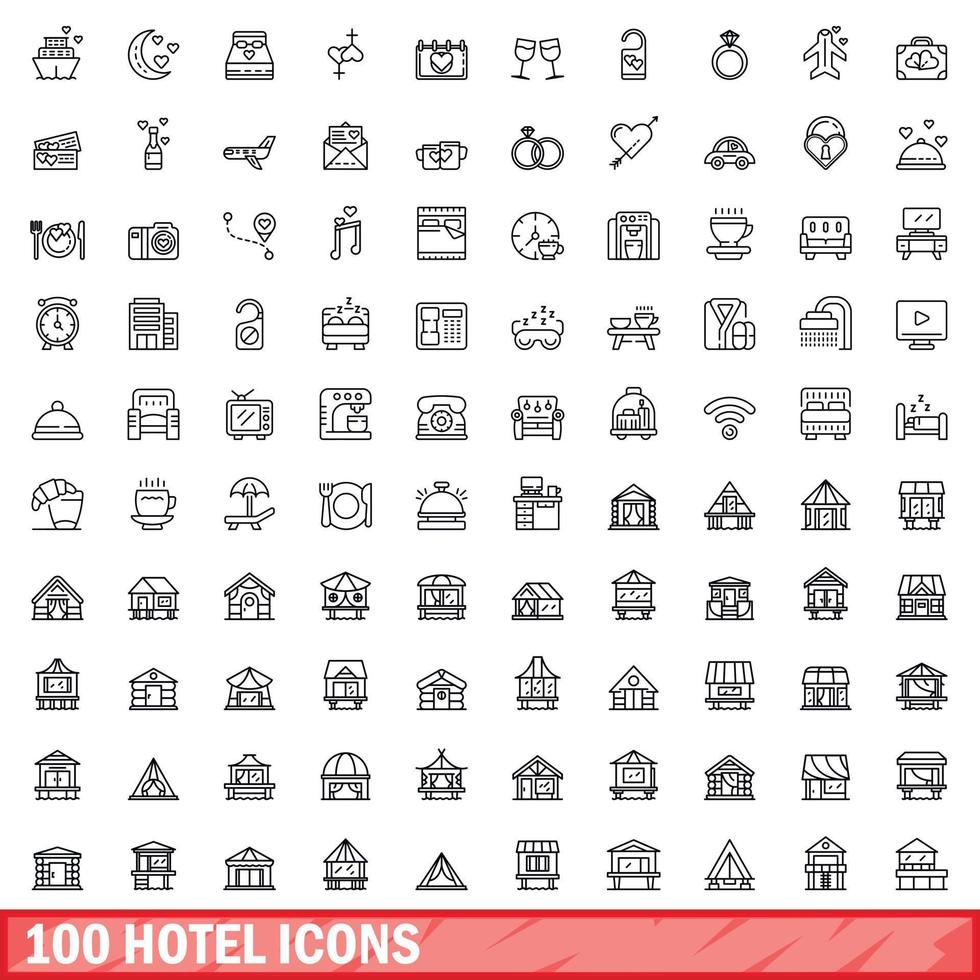 100 hotel iconen set, Kaderstijl vector