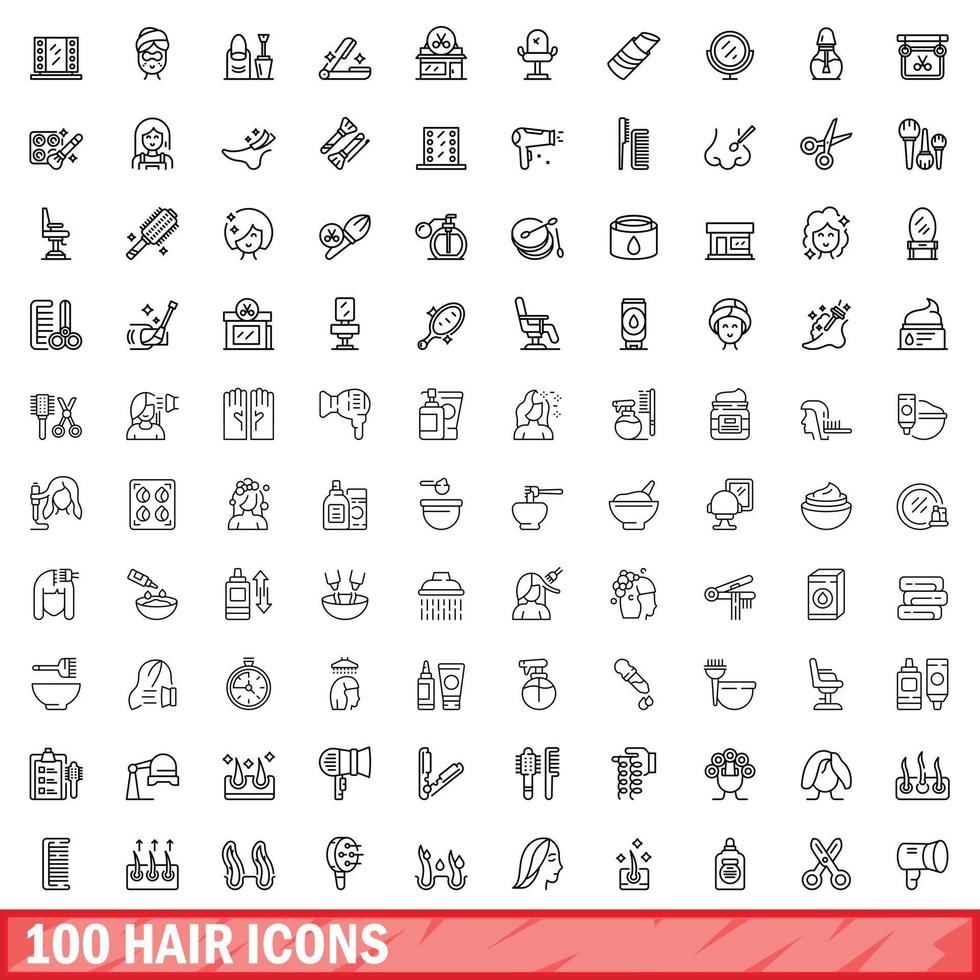 100 haar- pictogrammen set, schets stijl vector