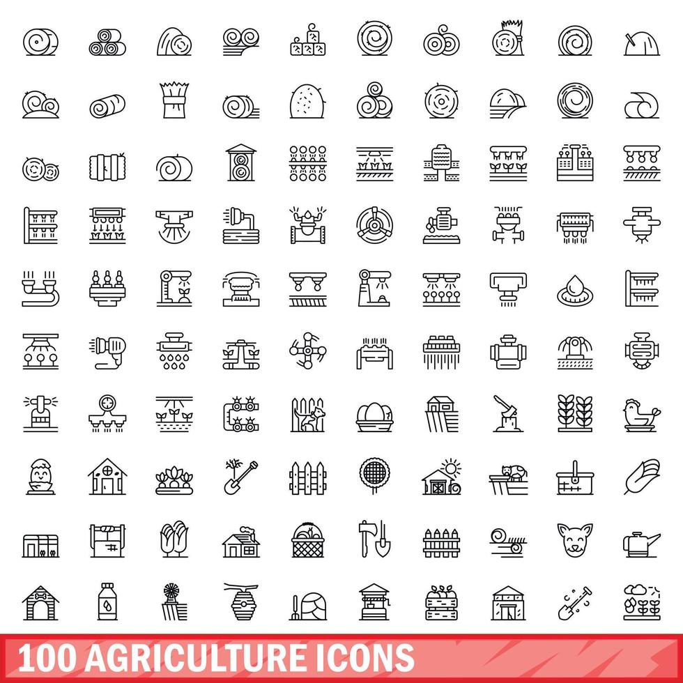 100 landbouw iconen set, Kaderstijl vector