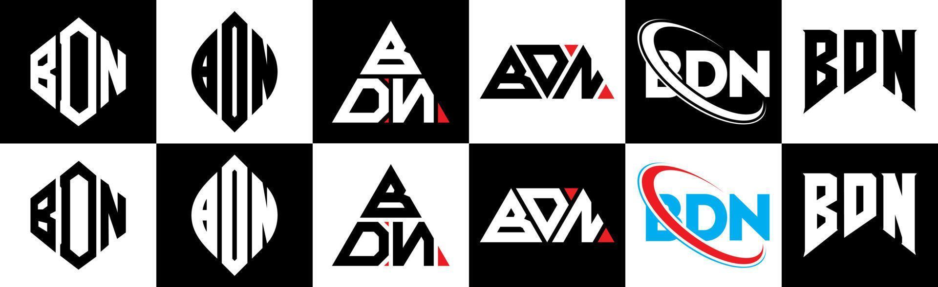 bdn brief logo ontwerp in zes stijl. bdn veelhoek, cirkel, driehoek, zeshoek, vlak en gemakkelijk stijl met zwart en wit kleur variatie brief logo reeks in een tekengebied. bdn minimalistische en klassiek logo vector