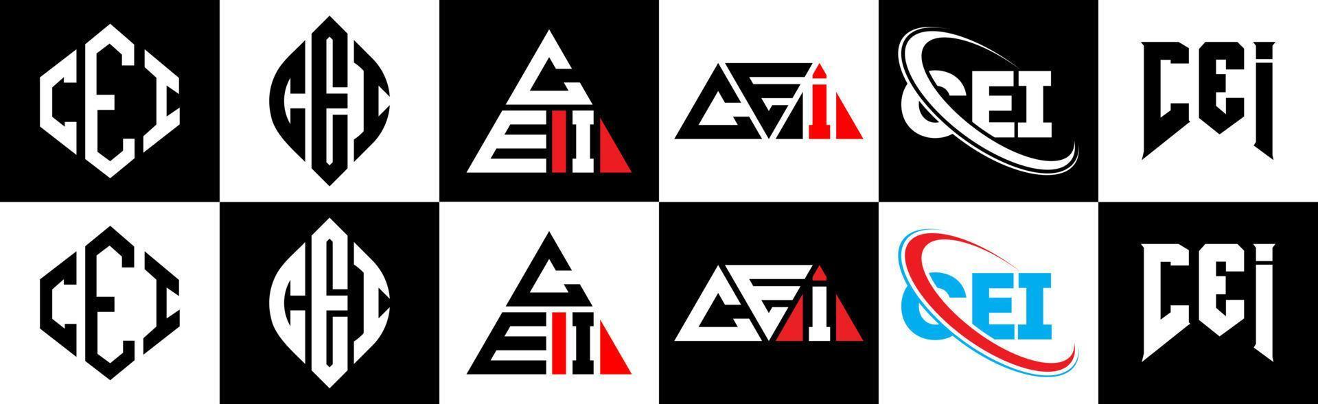 cei brief logo ontwerp in zes stijl. cei veelhoek, cirkel, driehoek, zeshoek, vlak en gemakkelijk stijl met zwart en wit kleur variatie brief logo reeks in een tekengebied. cei minimalistische en klassiek logo vector